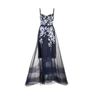 Marchesa Notte navy gown with white embroidered flowers. High-low style, size 8